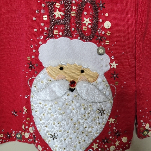 Berek Christmas Top Size SRed Beaded Sequined Santa Claus Holiday Knit Festive - Picture 3 of 8